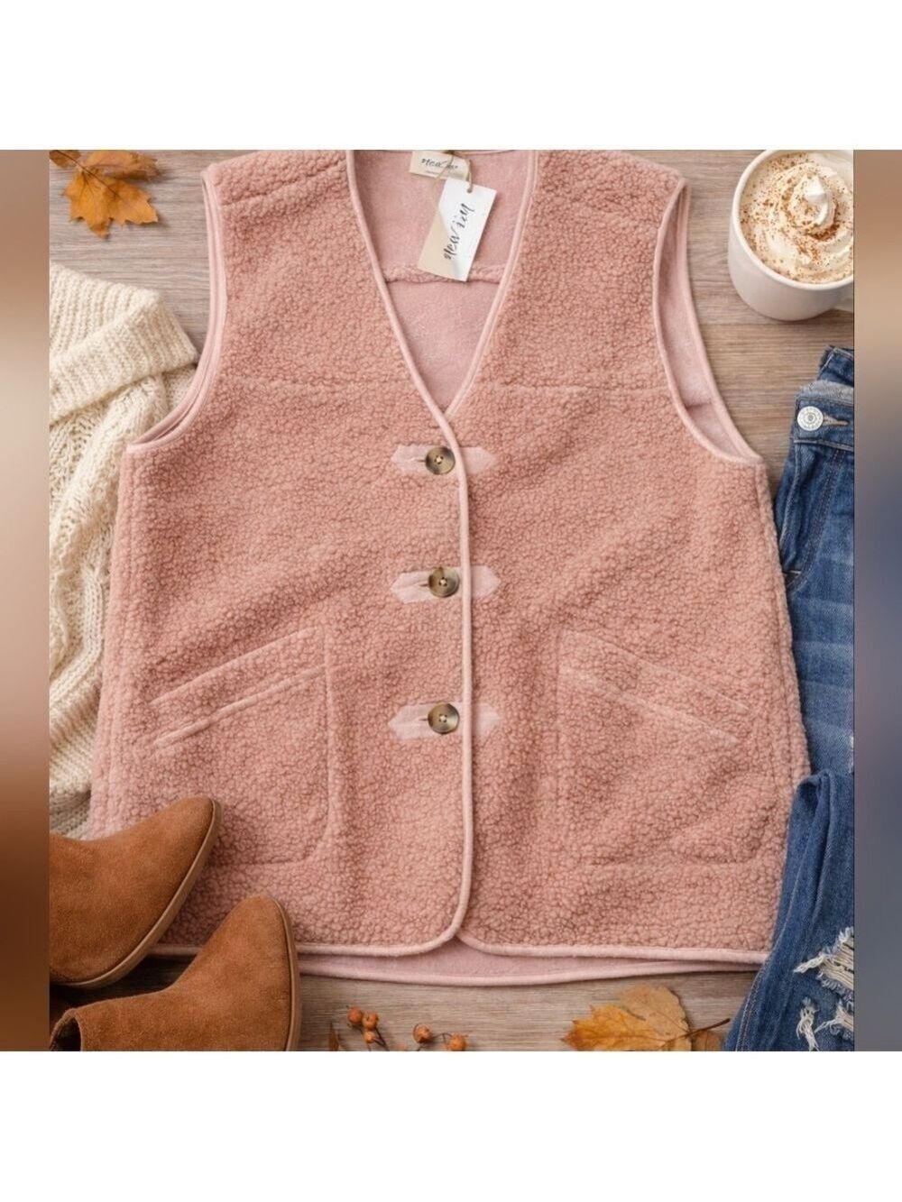 NWT Very J Blush Sherpa Vest Size Small Button Front Cozy Fleece - Picture 1 of 6